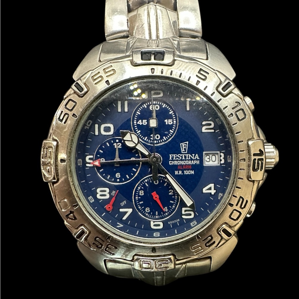 Festina Silver and Blue Alarm Chronograph Watch. 6.5 inch wrist size
